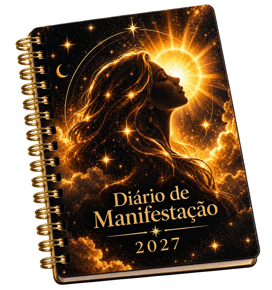 Caderno Diário de Manifestação 2027, com capa preta e dourada, mulher em silhueta e espiral dourada